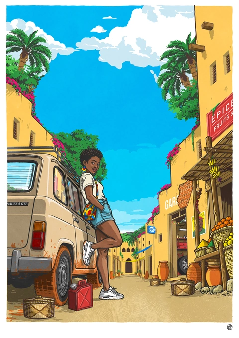 Illustration d’une rue ensoleillée et d’une femme près d’une Renault 4 — Alexandre Hostein